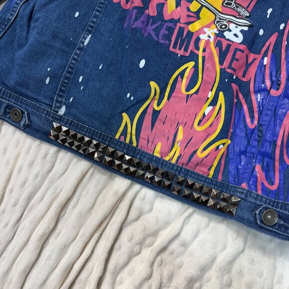 R3bel Denim Jacket Graffiti Skull Studded Distressed Jean Jacket Large - Picture 7 of 9